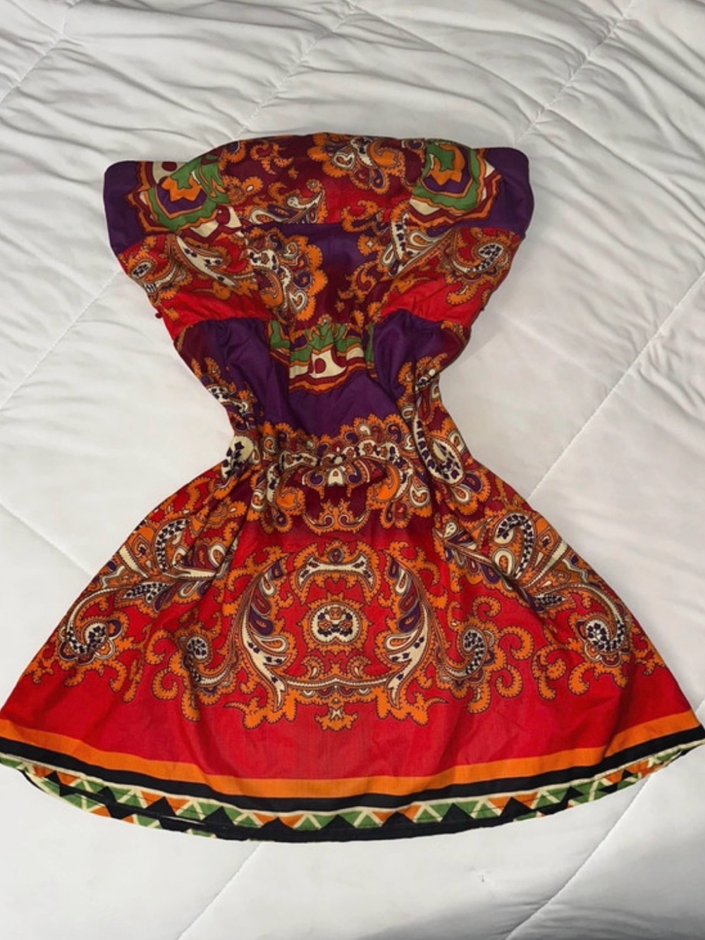 Vintage Paisley Strapless Mini Dress Red Purple Boho y2k